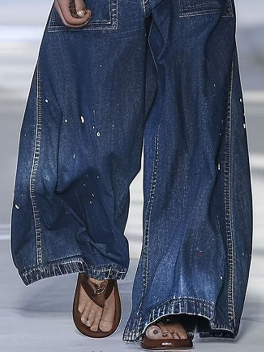 Azize | Dark Blue Wide Leg Denim Trousers
