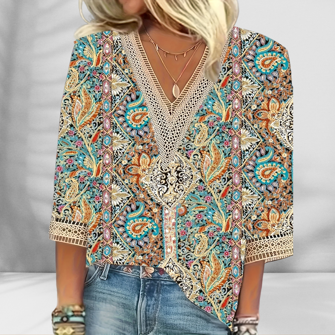 Maricela | Blouse V Neck Printed Lace Trim