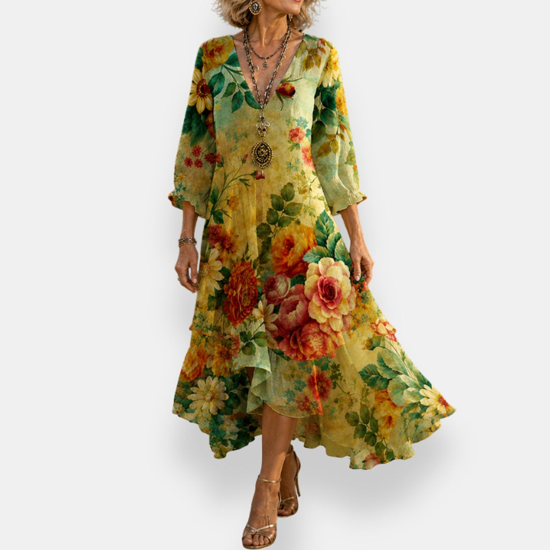 Emila | Dress Floral V-Neck Three-Quarter Sleeve Maxi