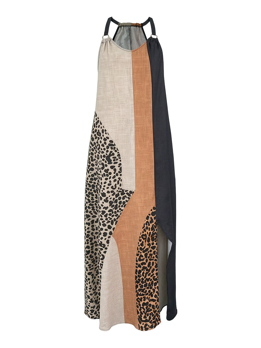 Ida | Halter Maxi Dress with Leopard Print Panels