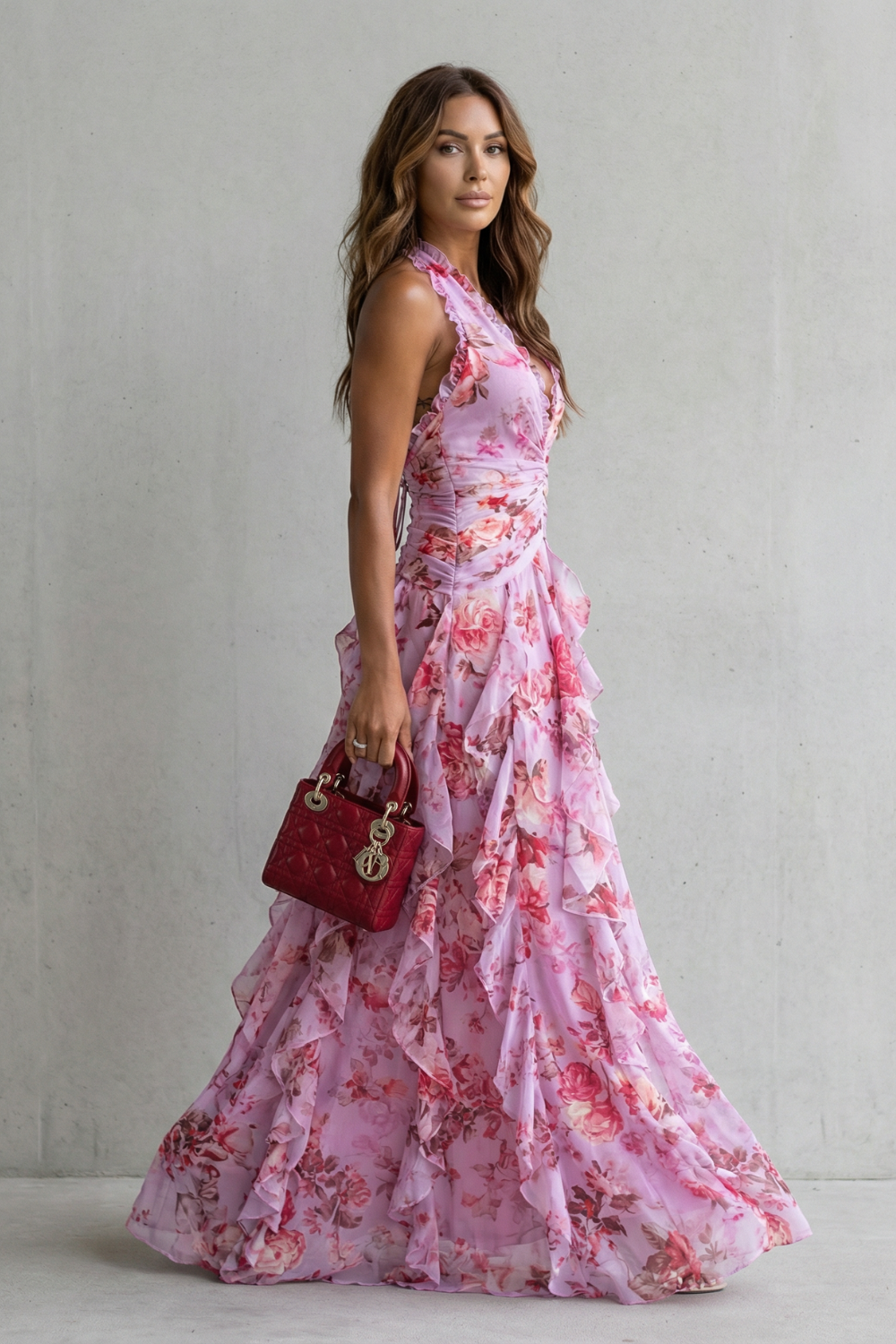 Eliora | Floral Halterneck Ruffle Maxi Dress