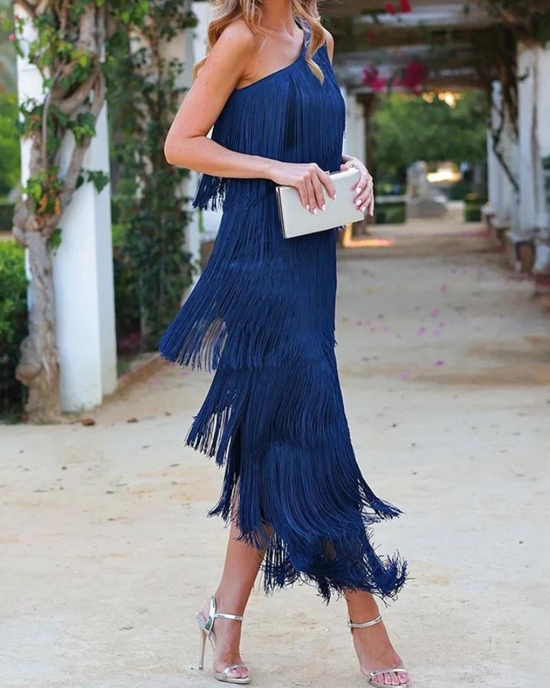 Tamira | One Shoulder Fringe Midi Dress