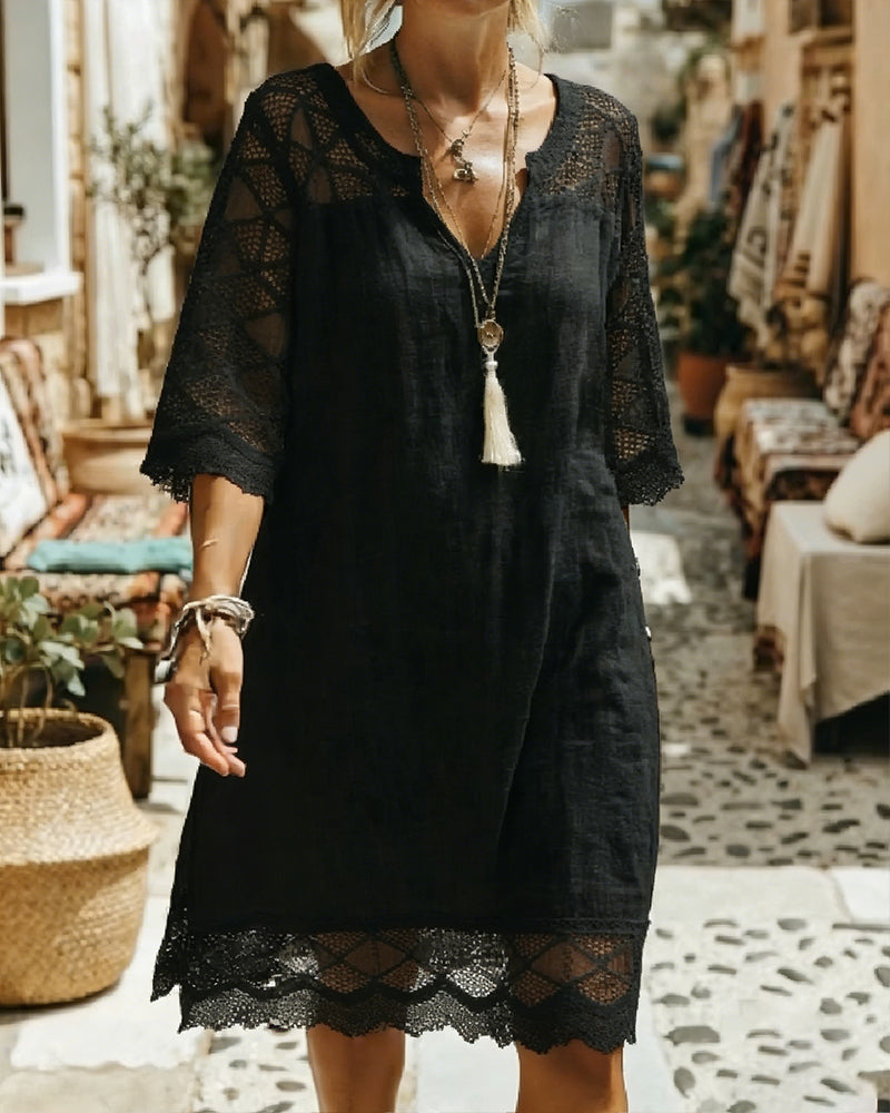 Kilina | V Neck Lace Trim Midi Dress