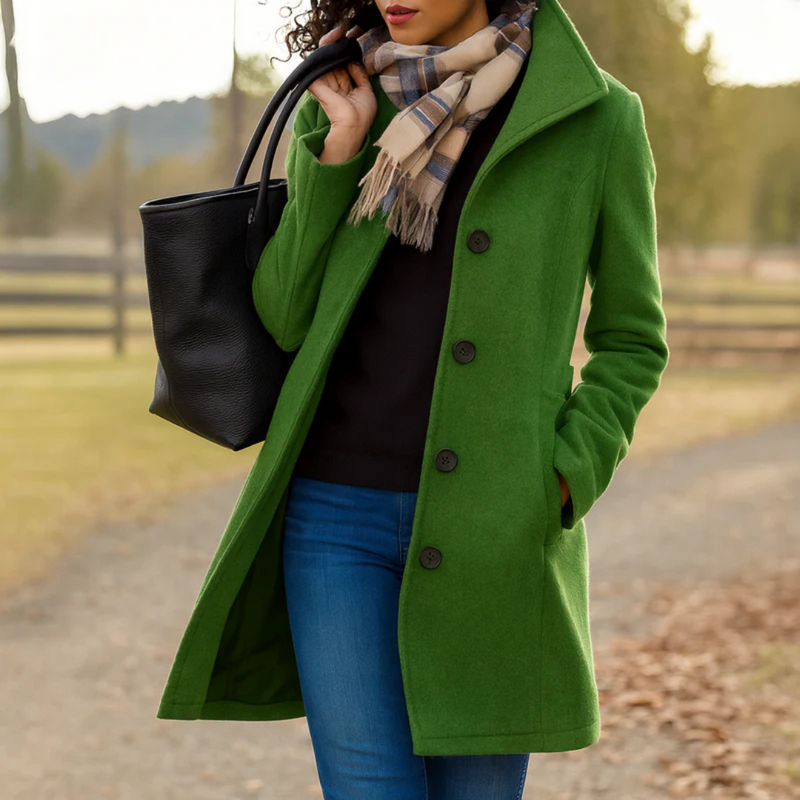 Quendra | Long Sleeve Button Front Mid-Length Coat
