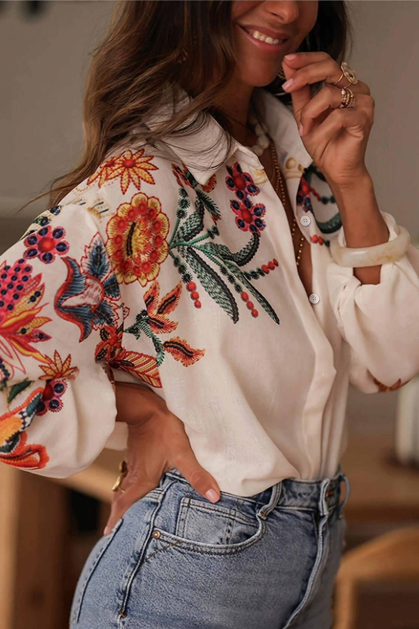 Mariluna | Floral Print Long Sleeve Shirt Blouse