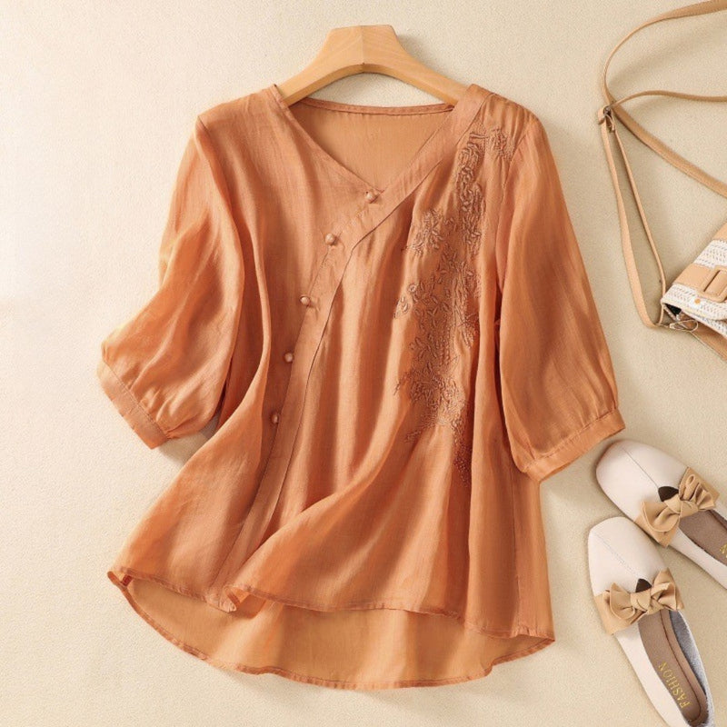 Loreen - Asymmetrical Button Tunic Embroidered Three Quarter Sleeve
