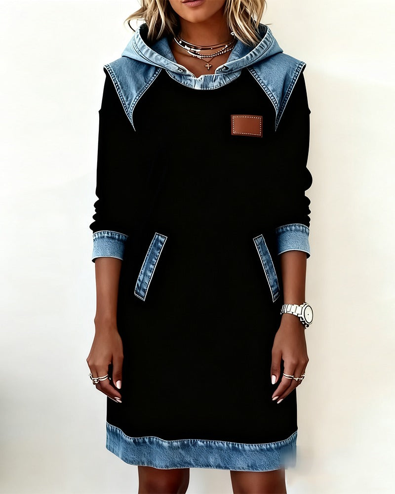 Viktoria - Hooded Denim Insert Midi Dress