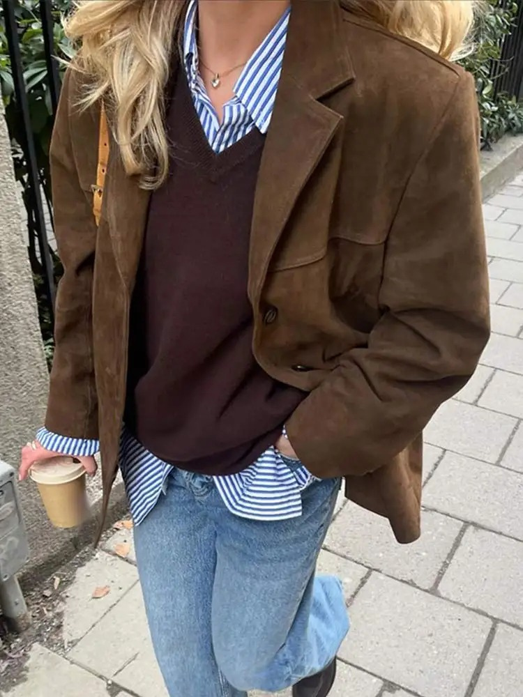 Gladyis | Jacket Long Sleeve Button Front Suede-Like