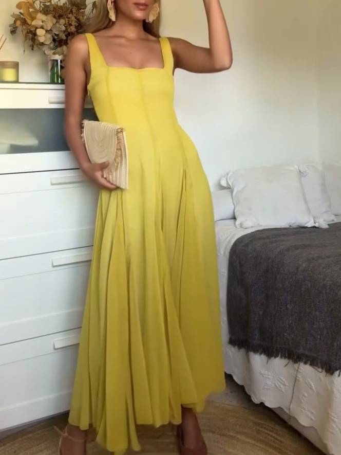 Solmaz | Yellow Square Neck Strap Maxi Dress