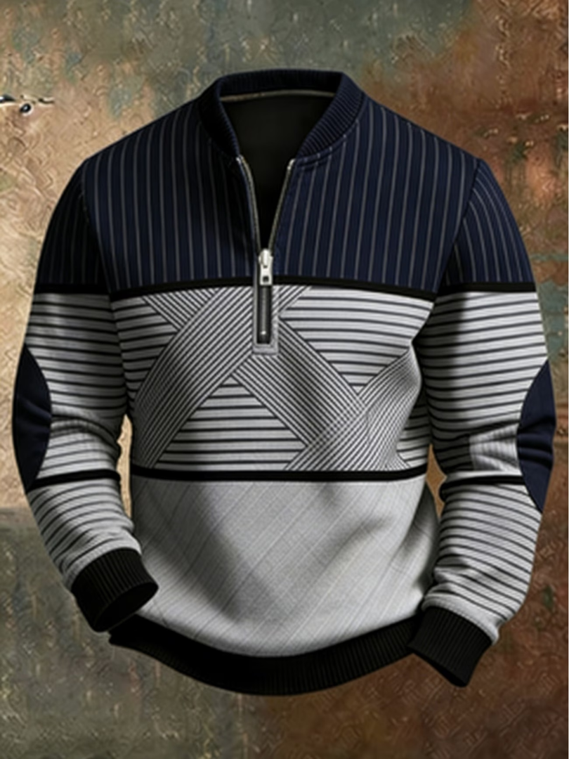 Theous | Long Sleeve Striped Jumper with Half Zip