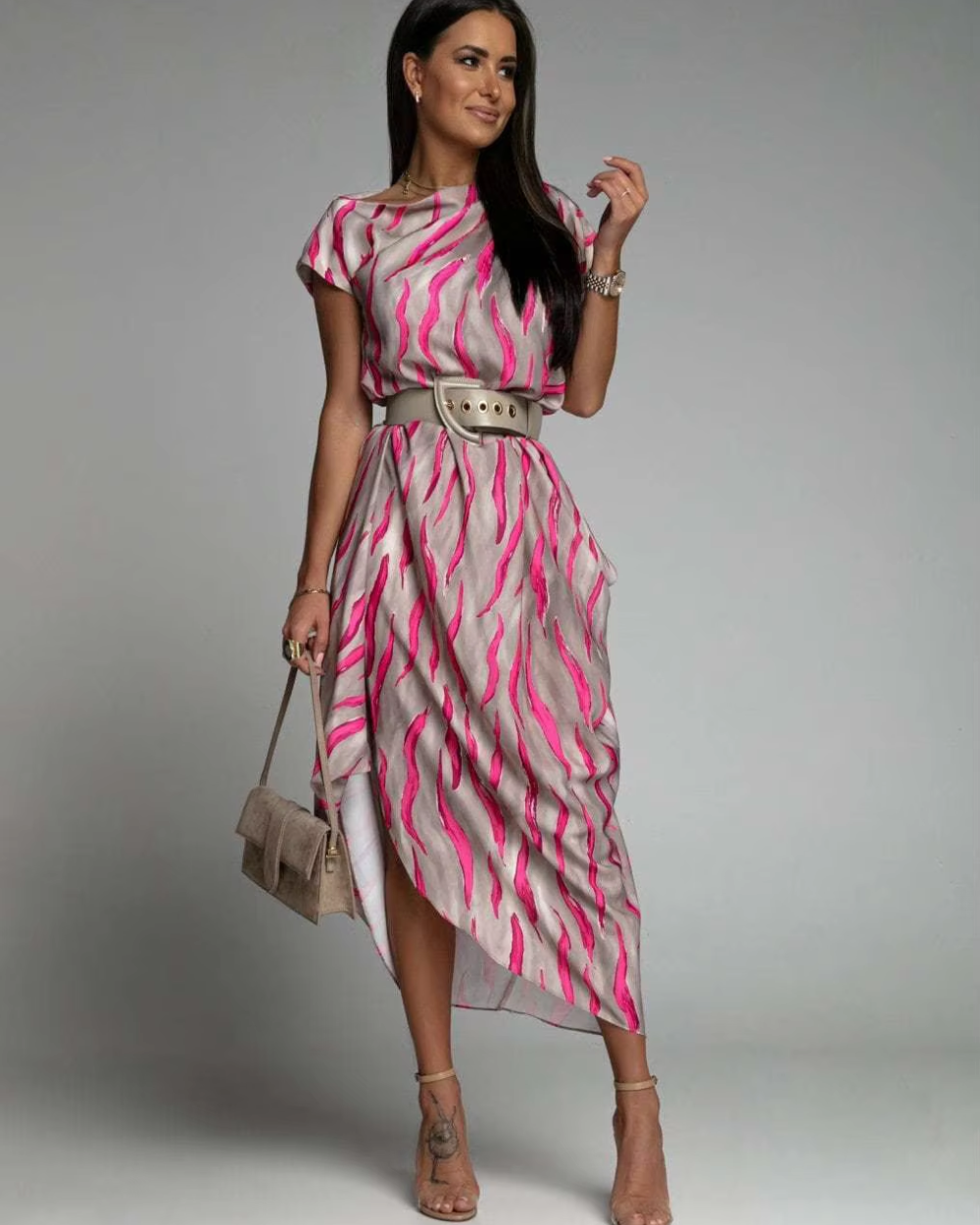 Angie - Asymmetric Printed Midi Dress With Belt
