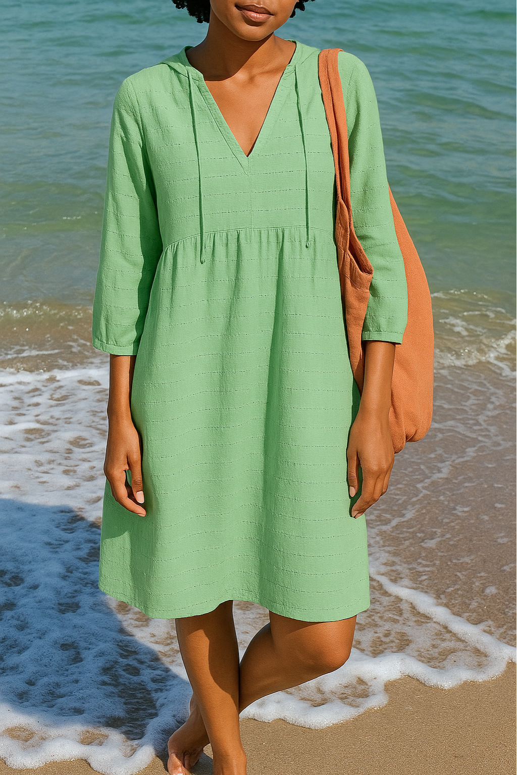 Sacide - V Neck Three Quarter Sleeve Smock Dress