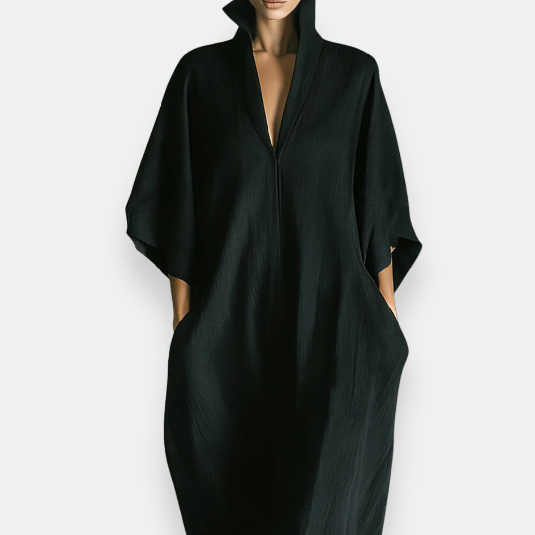 Maricel | Maxi Dress Black Stand Collar Relaxed Fit
