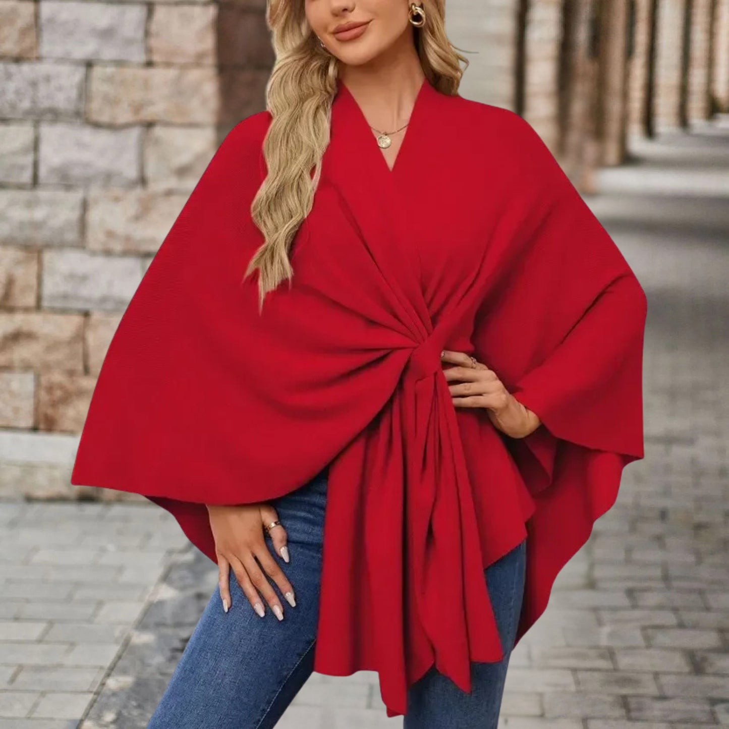Helin | Knotted Front Wrap Knit Poncho