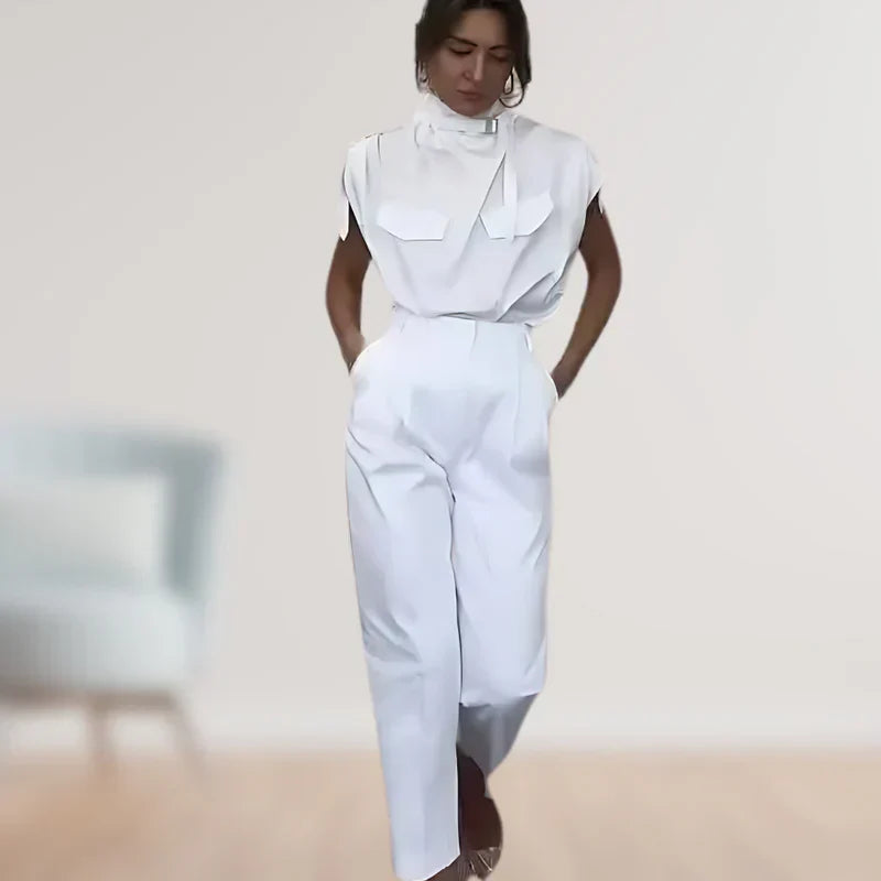 Reinhild | Sleeveless High Neck Belted Two Piece Set
