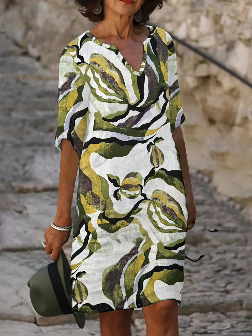 Evgeniya | Abstract Print V Neck Shift Dress