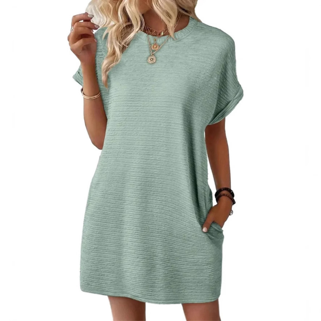 Elviaa - Short Sleeve Textured Pocket Mini Dress