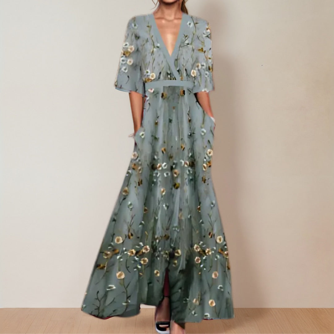 Jane | Floral Print V Neck Midi Dress