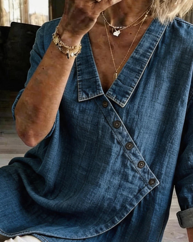Olizia | Denim-Style Wrap Button Blouse