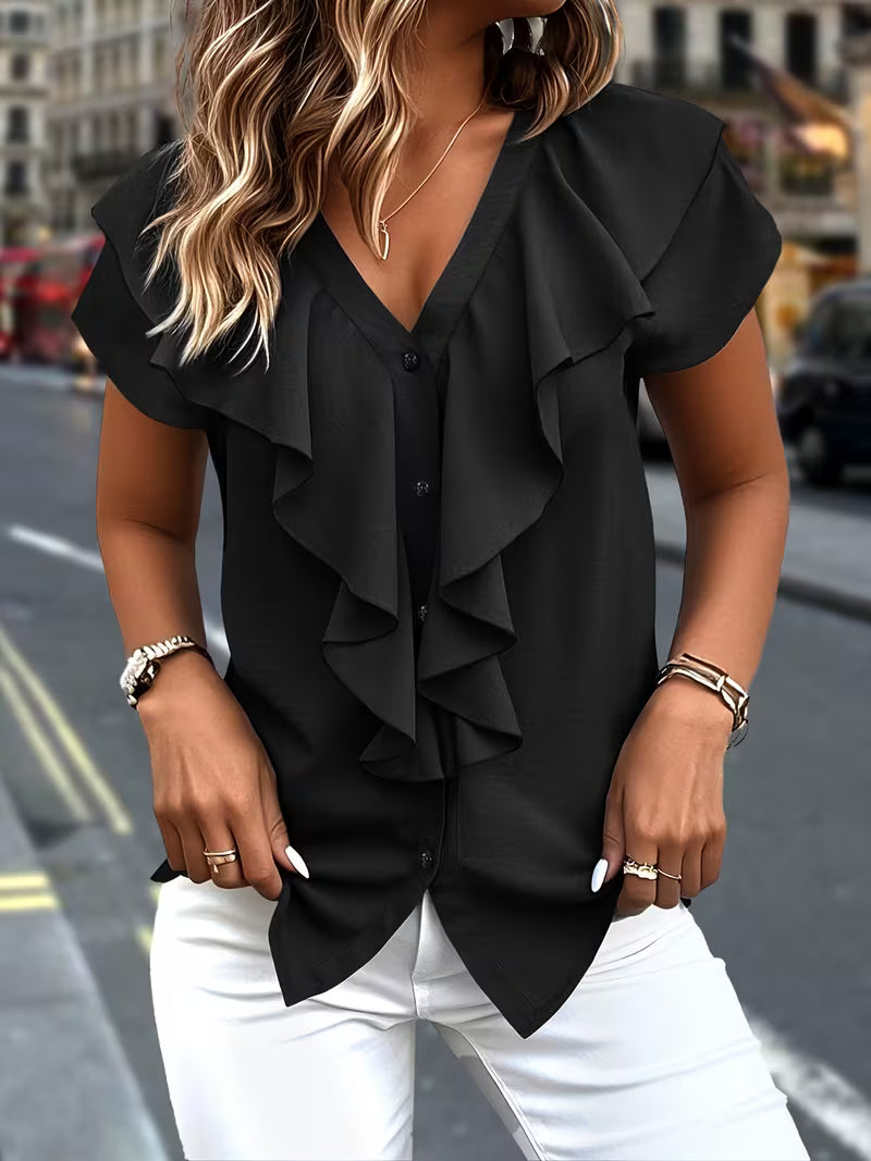 Salma - Ruffle Front V Neck Button Blouse