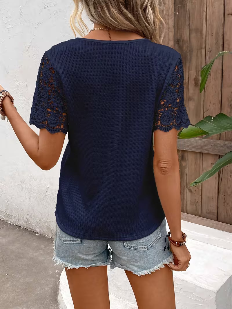 Sinna | Short Sleeve Lace Panel Button Top