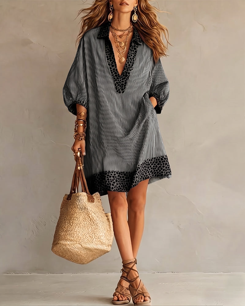 Marget | Striped V Neck Puff Sleeve Dress