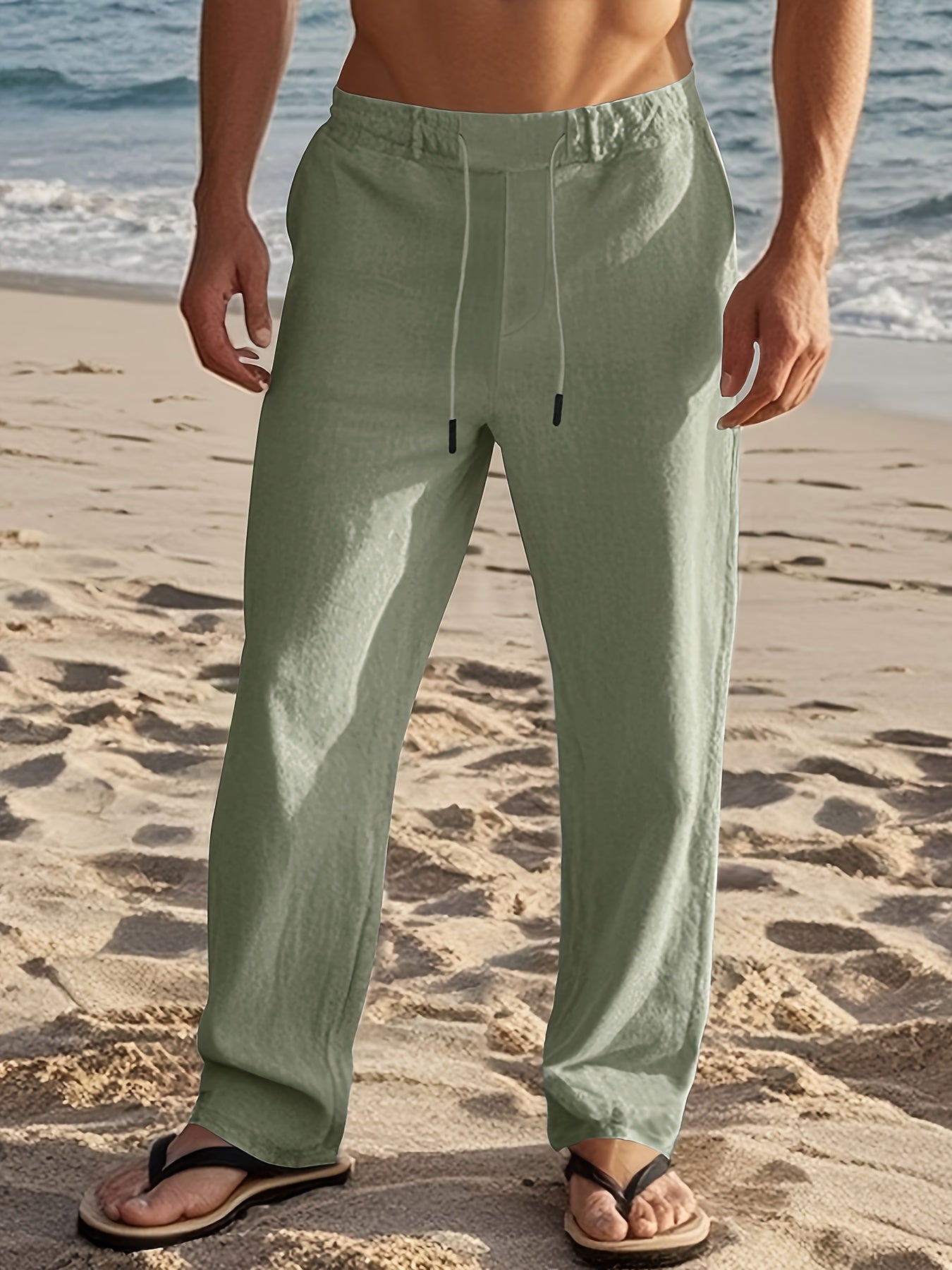 Erikas | Linen-Style Drawstring Straight Leg Casual Trousers