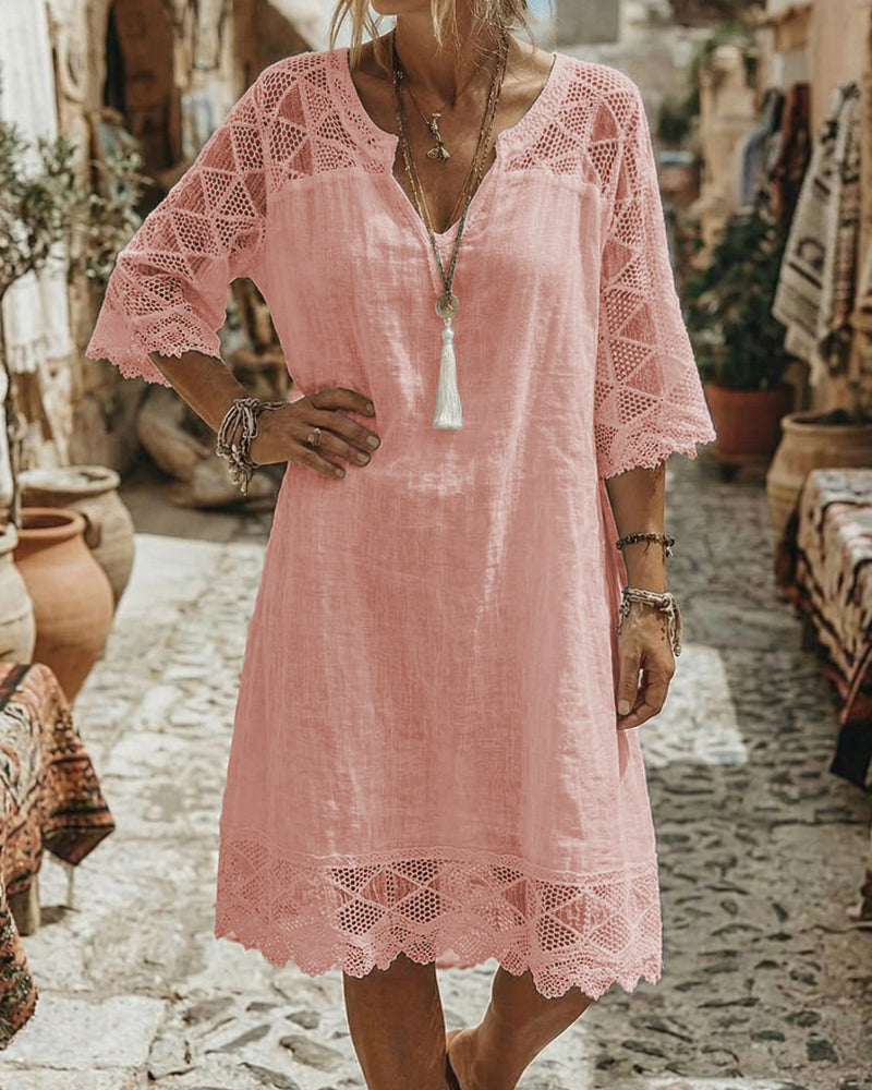 Kilina | V Neck Lace Trim Midi Dress