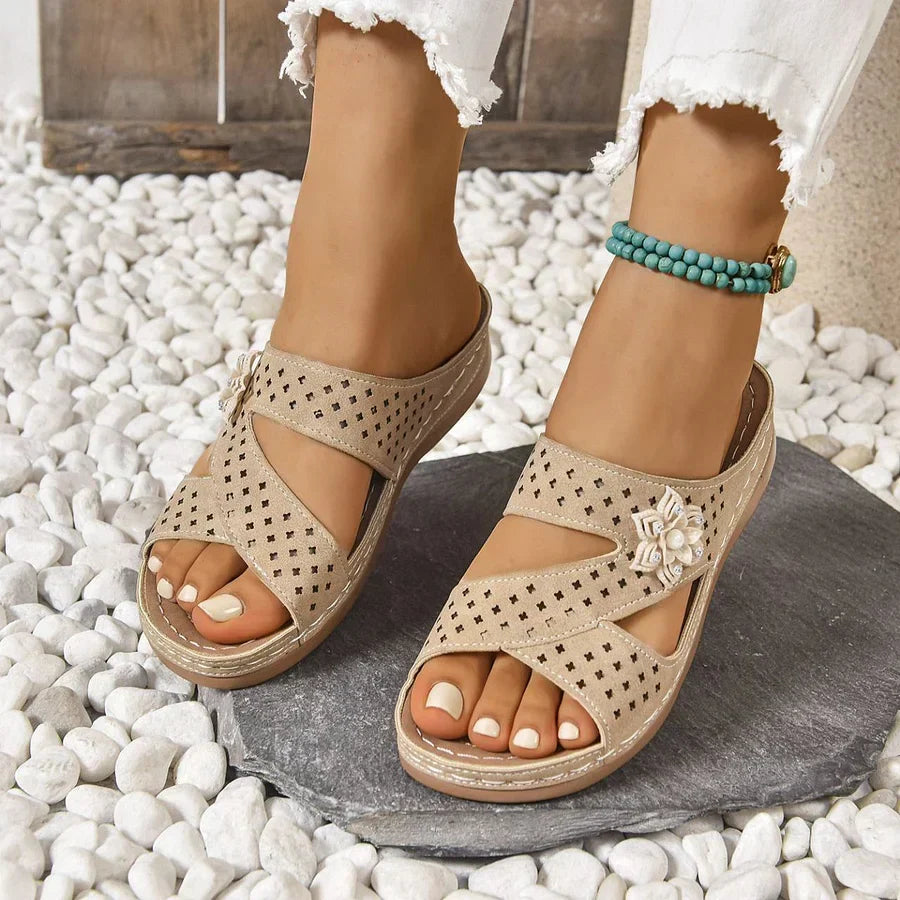 Kristine | Flower Detail Cut-Out Wedge Sandals