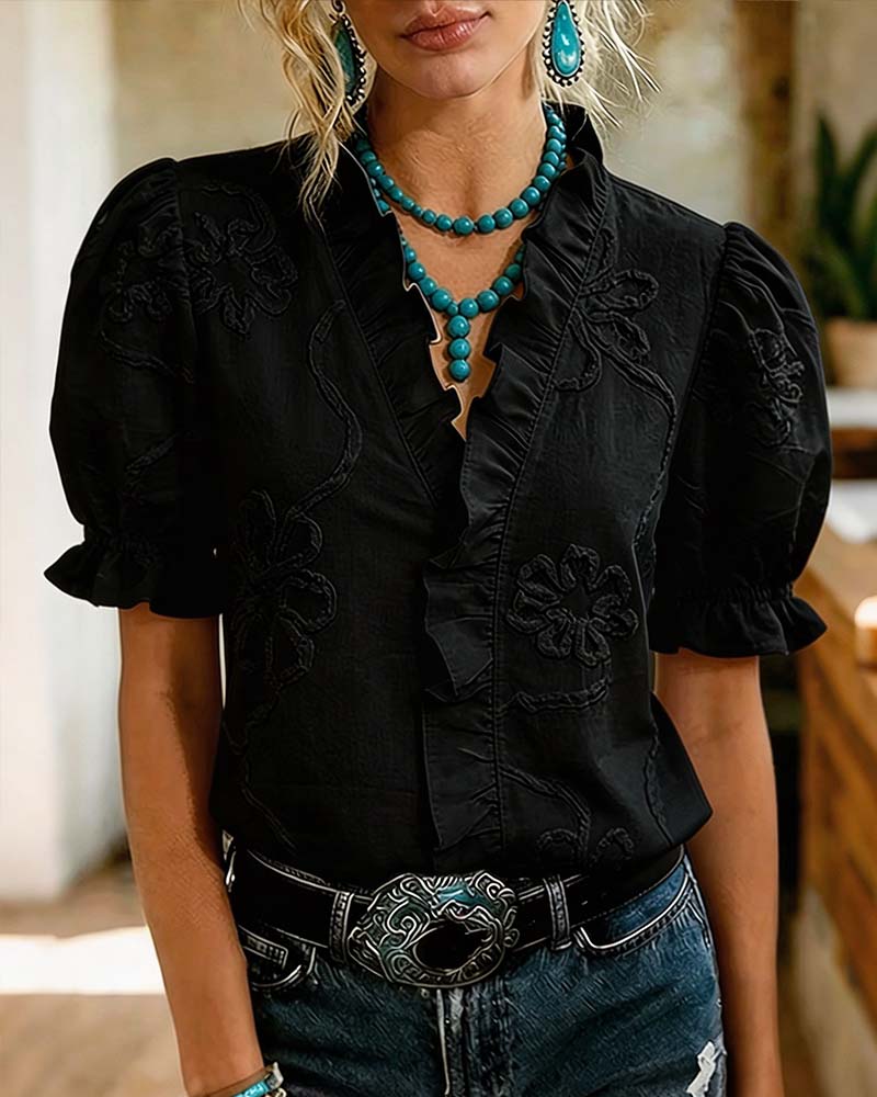 Lillynn | V Neck Floral Textured Puff Sleeve Blouse