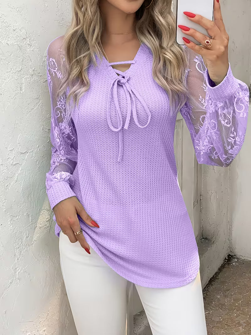 Wazina | Long Sleeve Lace V-Neck Tie Top