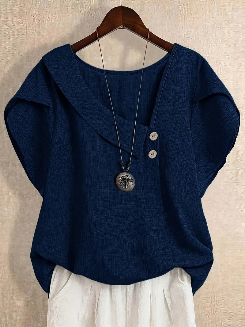 Milany | Linen Asymmetric Button Short Sleeve Blouse