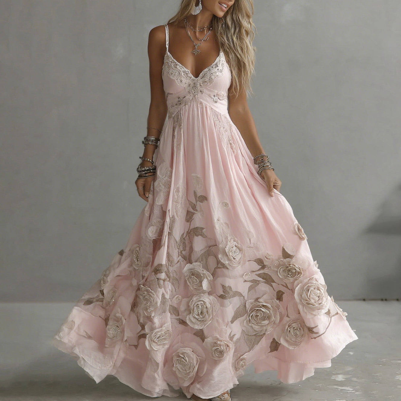 Adeluna | Floral Embroidered V Neck Maxi Dress
