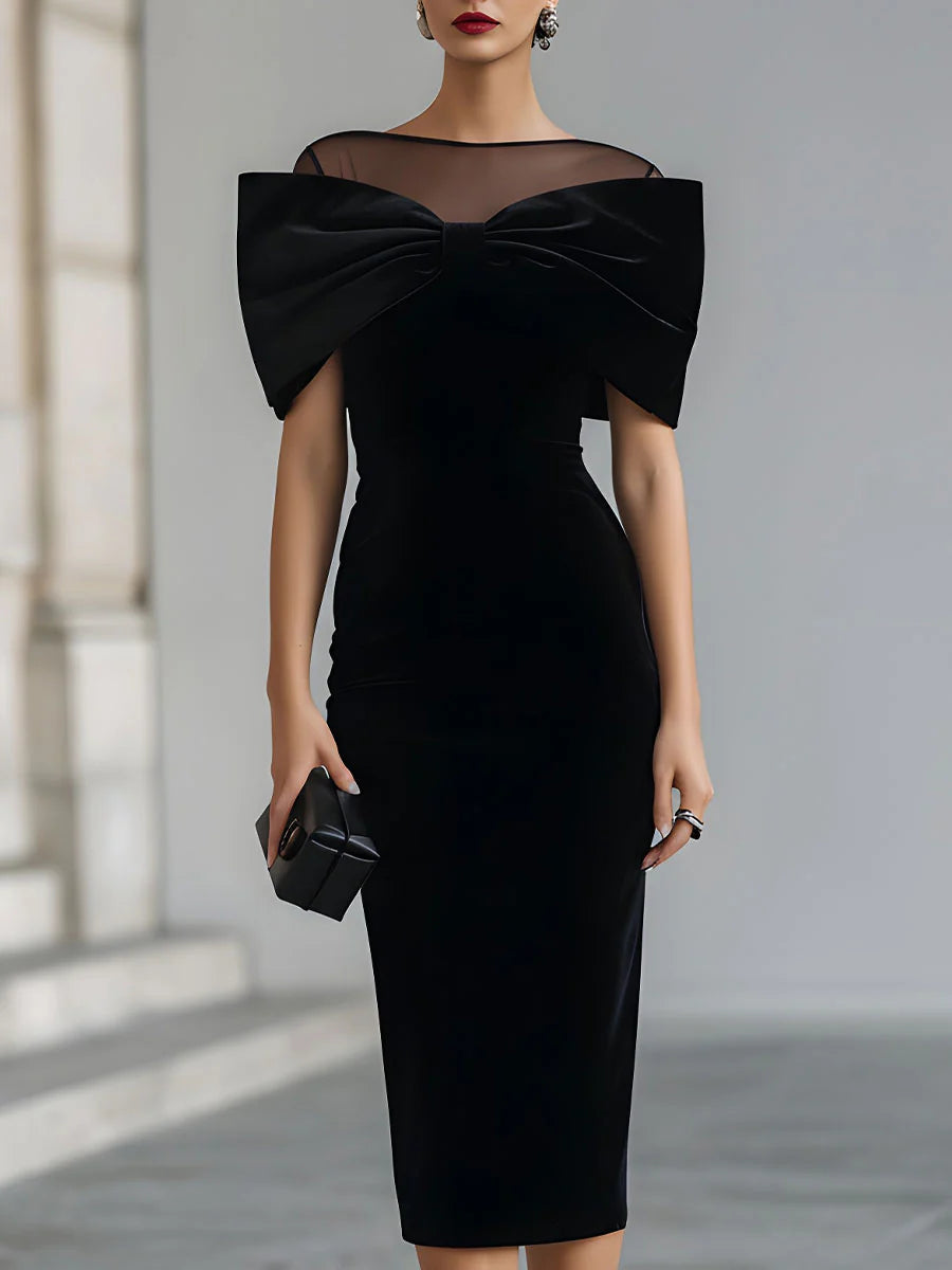 Inkeri | Black Mesh Neck Bow Midi Dress