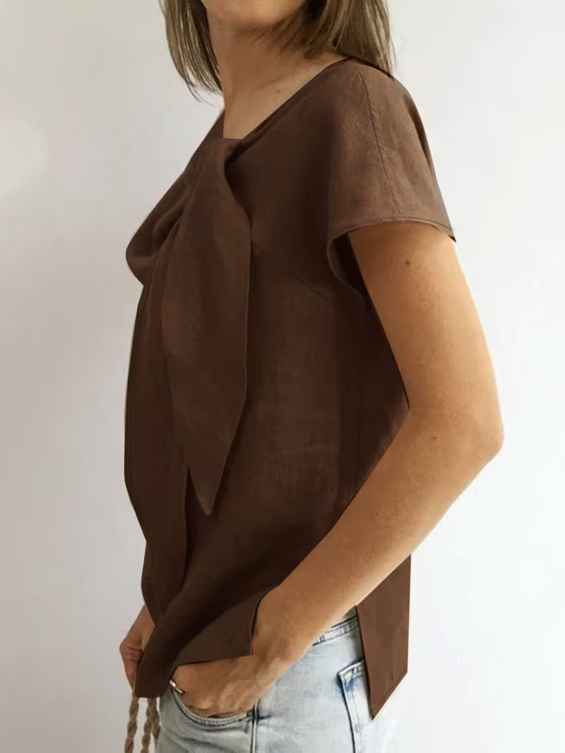Jovea | Draped Tie-Neck Short Sleeve Top