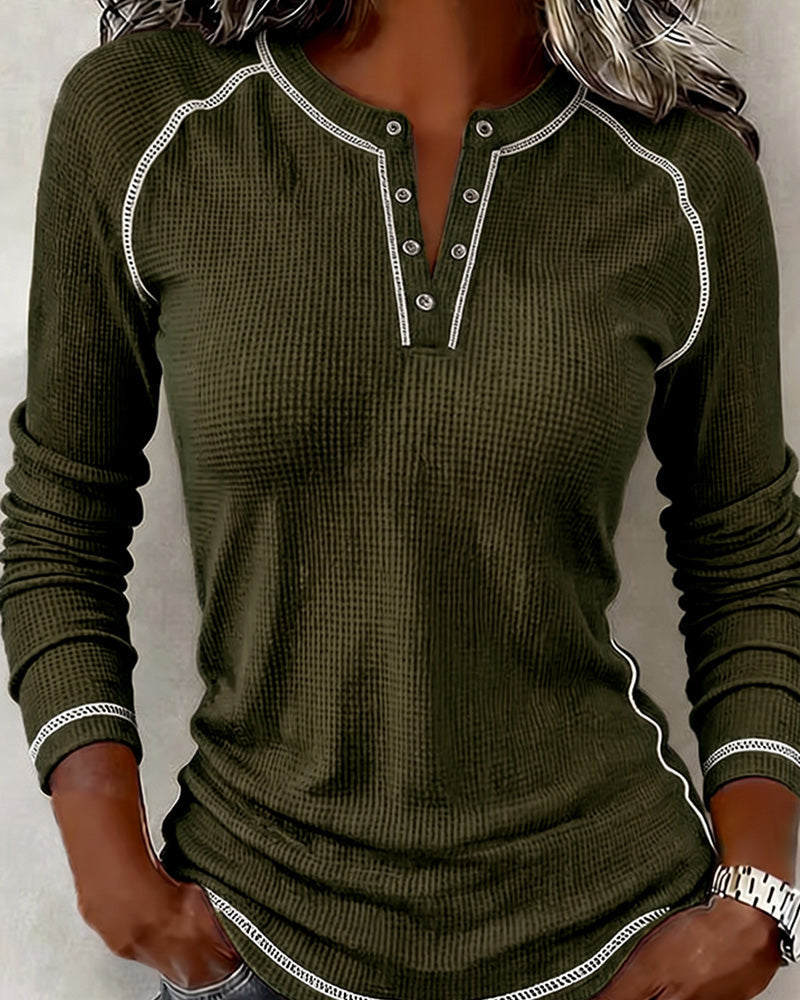Maisy | Henley Top with Waffle Texture and Piping