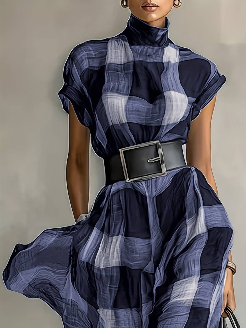 Nethara | High Neck Checked Belted Maxi Dress