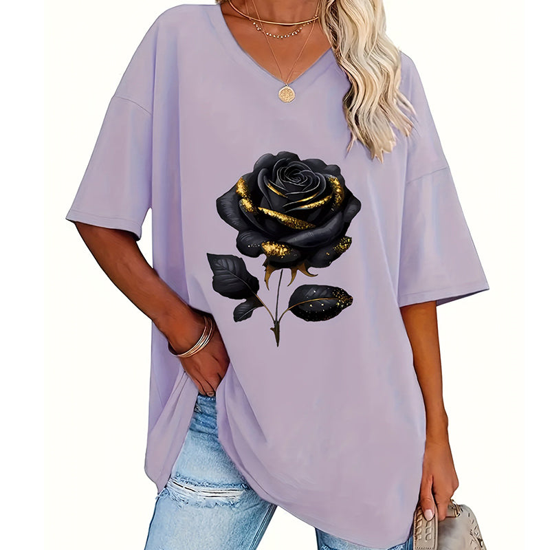 Aijia | V-Neck Rose Print Relaxed T-Shirt