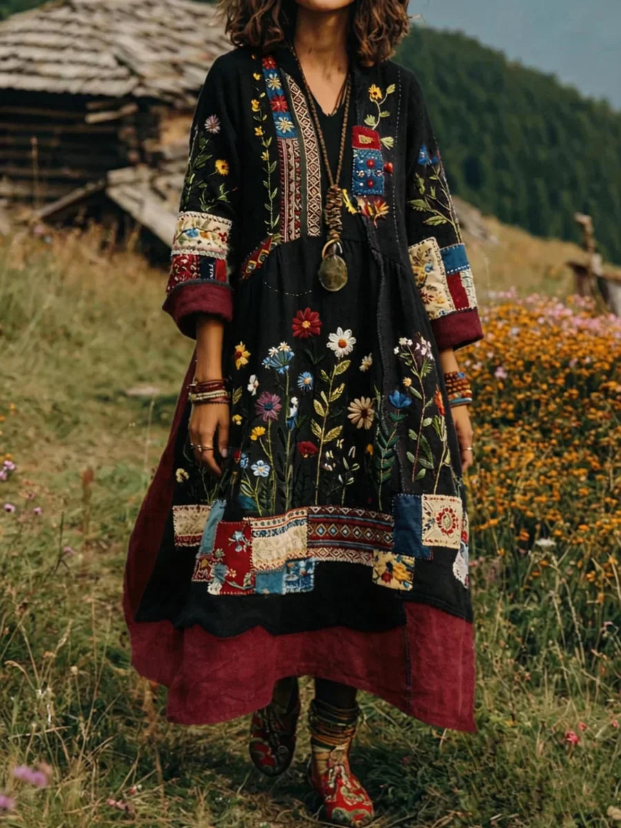 Eresha | Embroidered Boho Patchwork Midi Dress