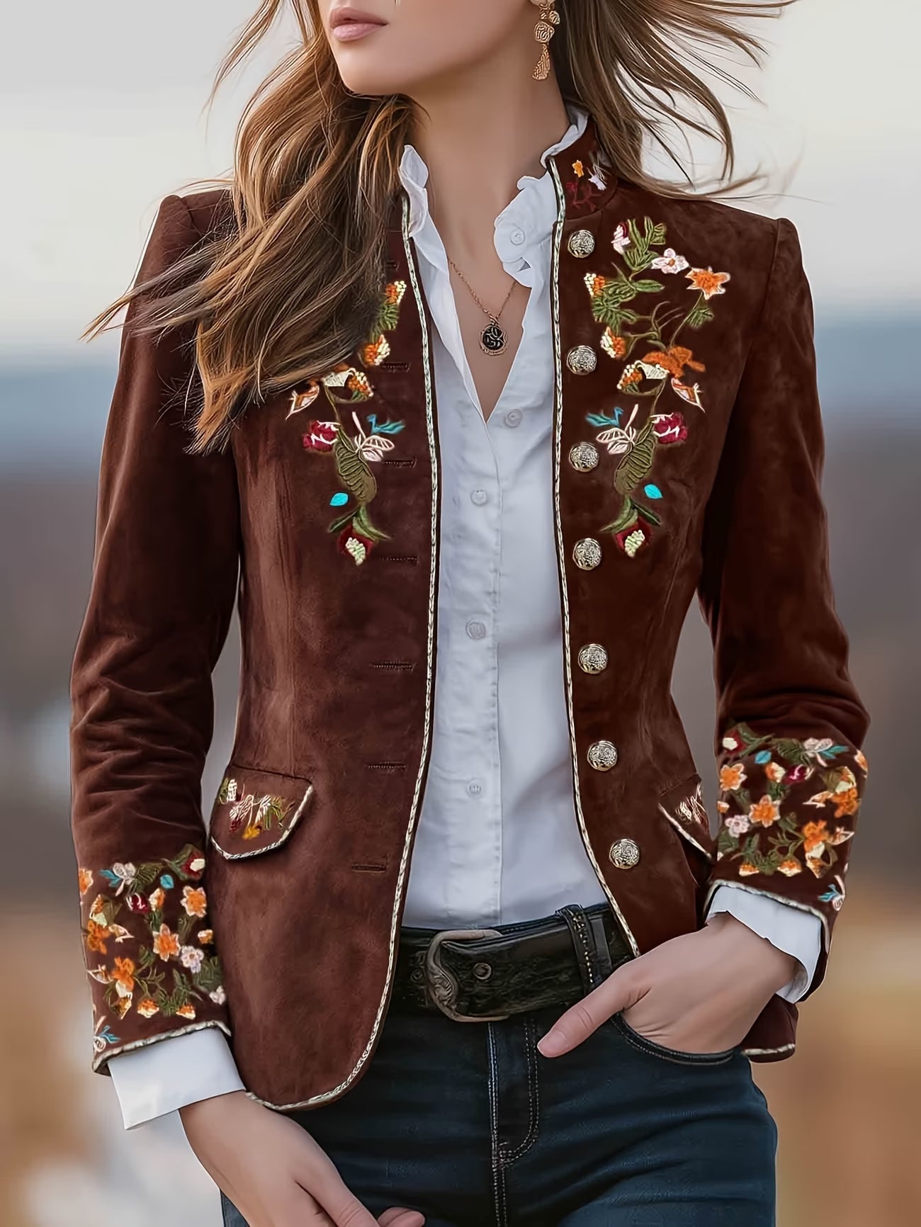 Anisaa | Embroidered Long Sleeve Stand Collar Jacket