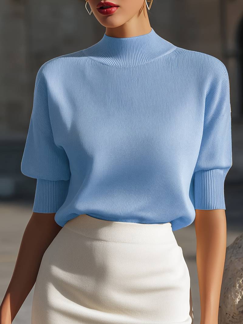Jenni | Mock Neck Ribbed Short Sleeve Top