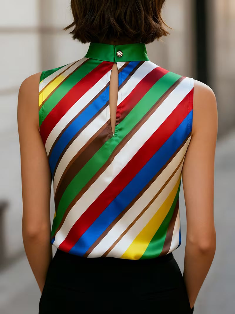 Alyza | Striped Satin High-Neck Sleeveless Top