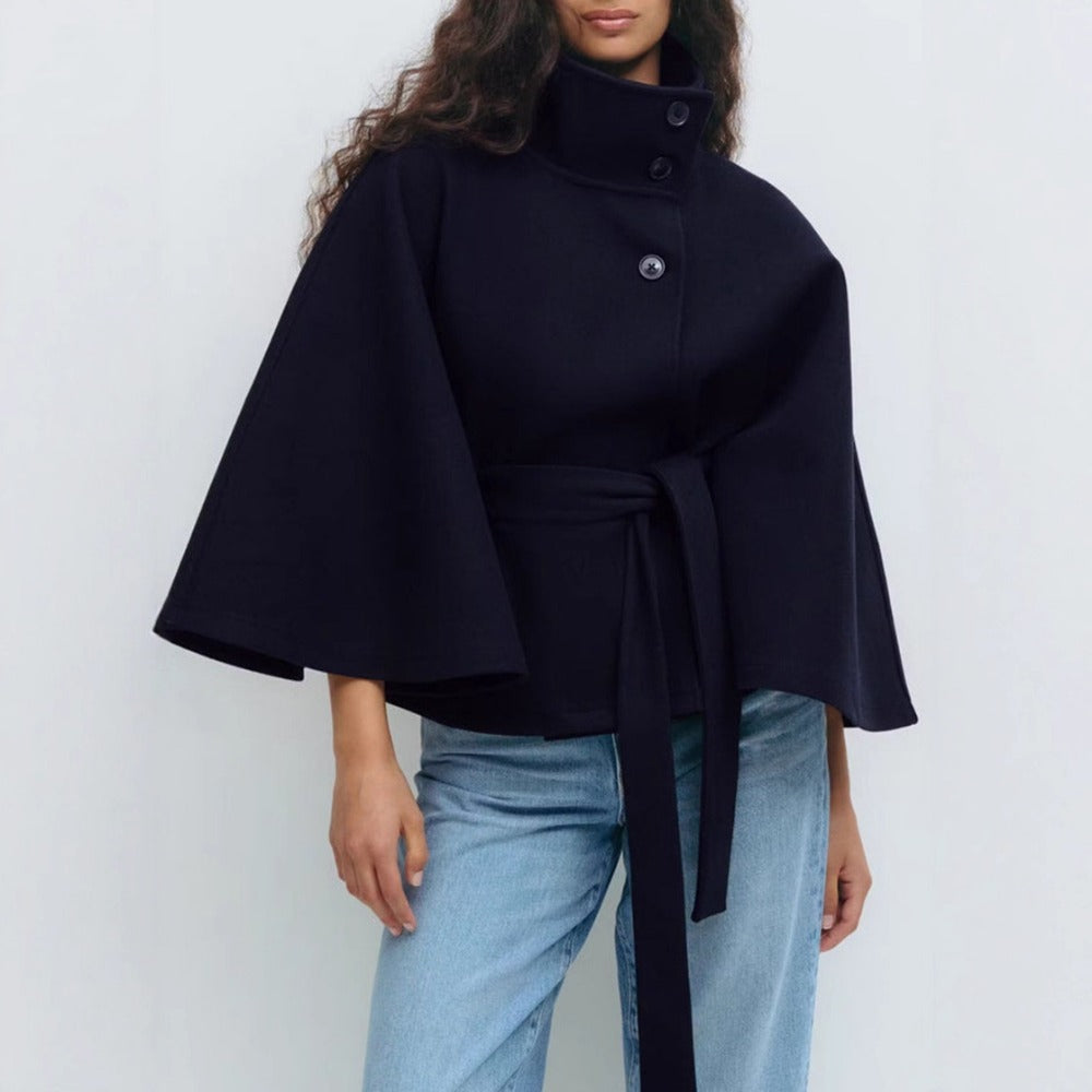 Araceli | Belted Cape Jacket High Neck Button Front