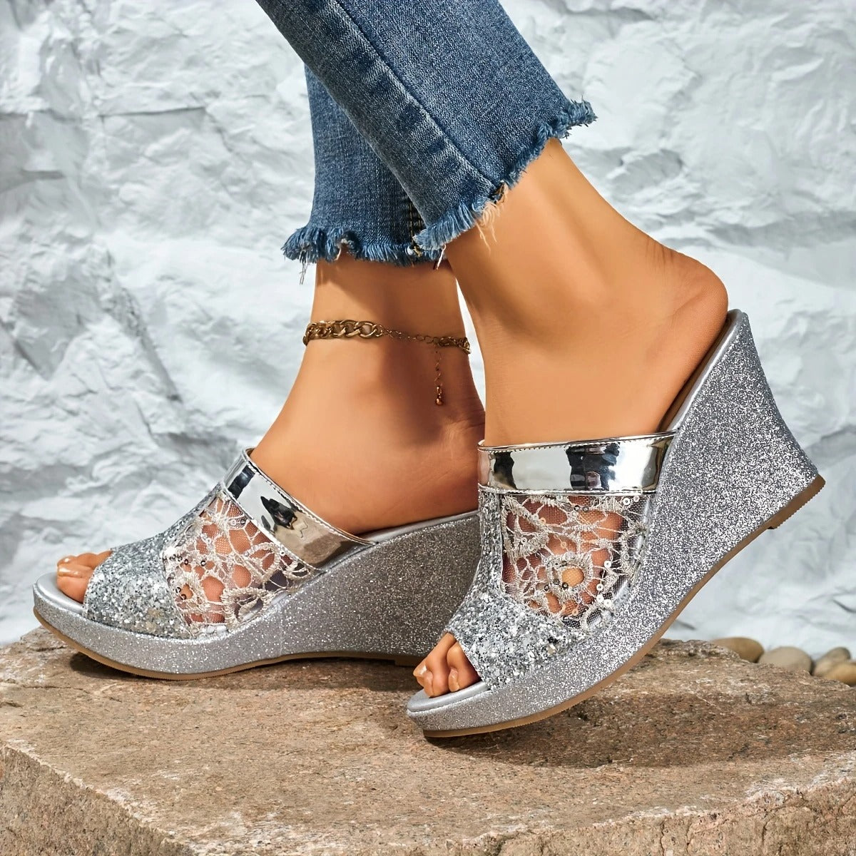 Alexis | Wedge Sandals With Lace Glitter Panel