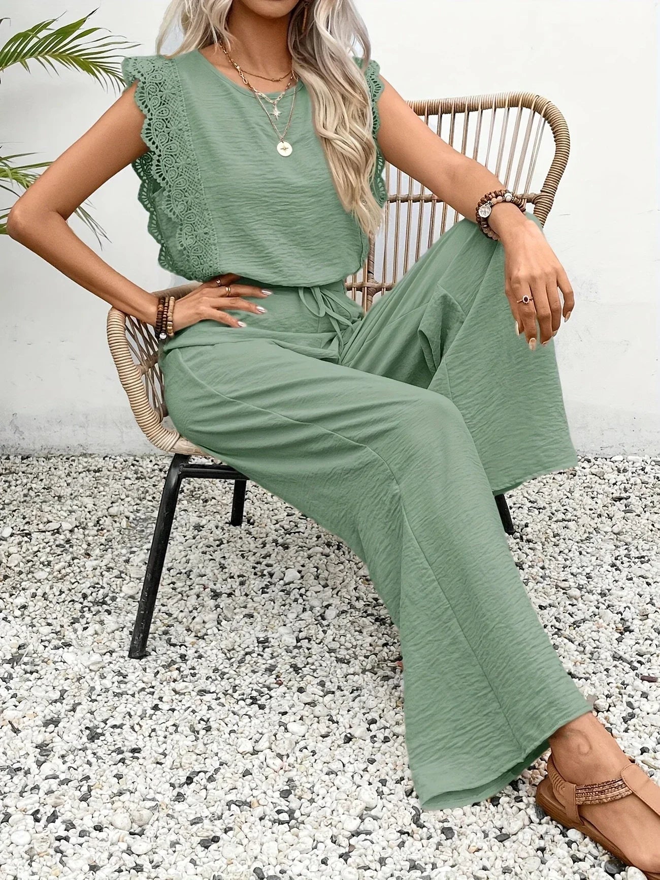 Ziva | Sleeveless Lace Trim Trouser Set