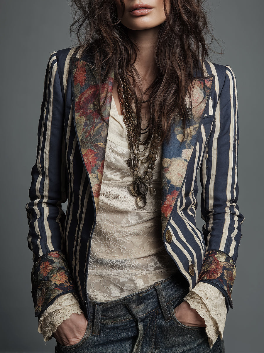 Shalisa - Striped Floral Trim Tailored Blazer