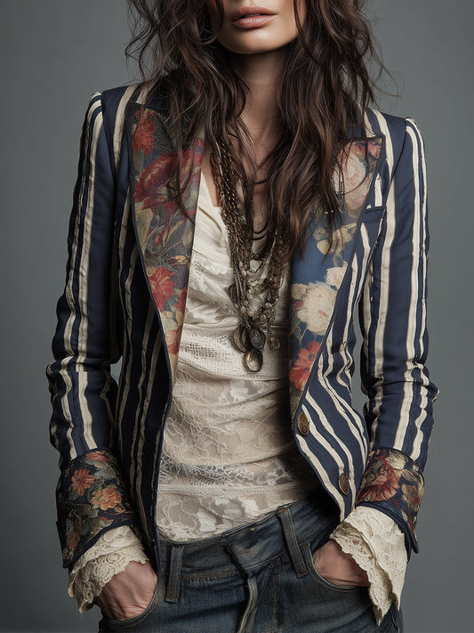 Shalisa - Striped Floral Trim Tailored Blazer