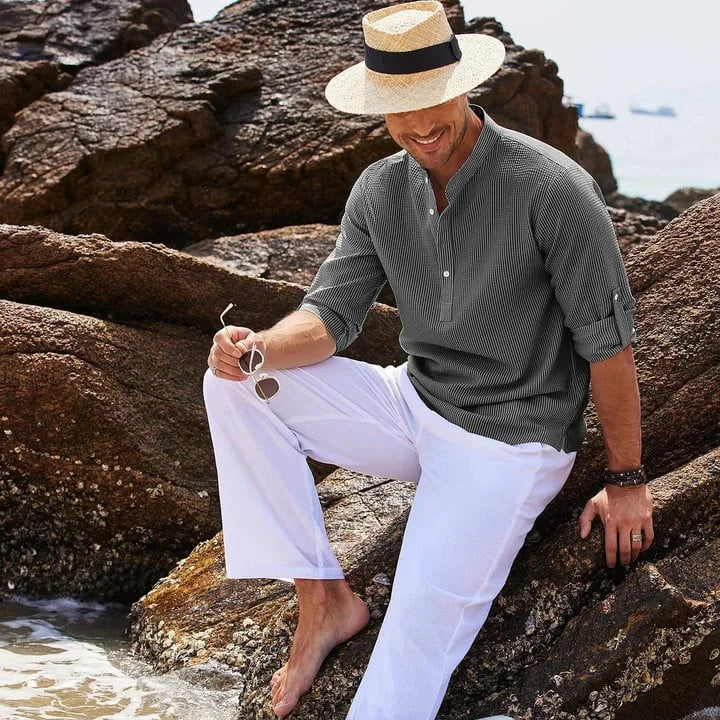 Tjeerd | Textured Grandad Collar Roll Sleeve Shirt