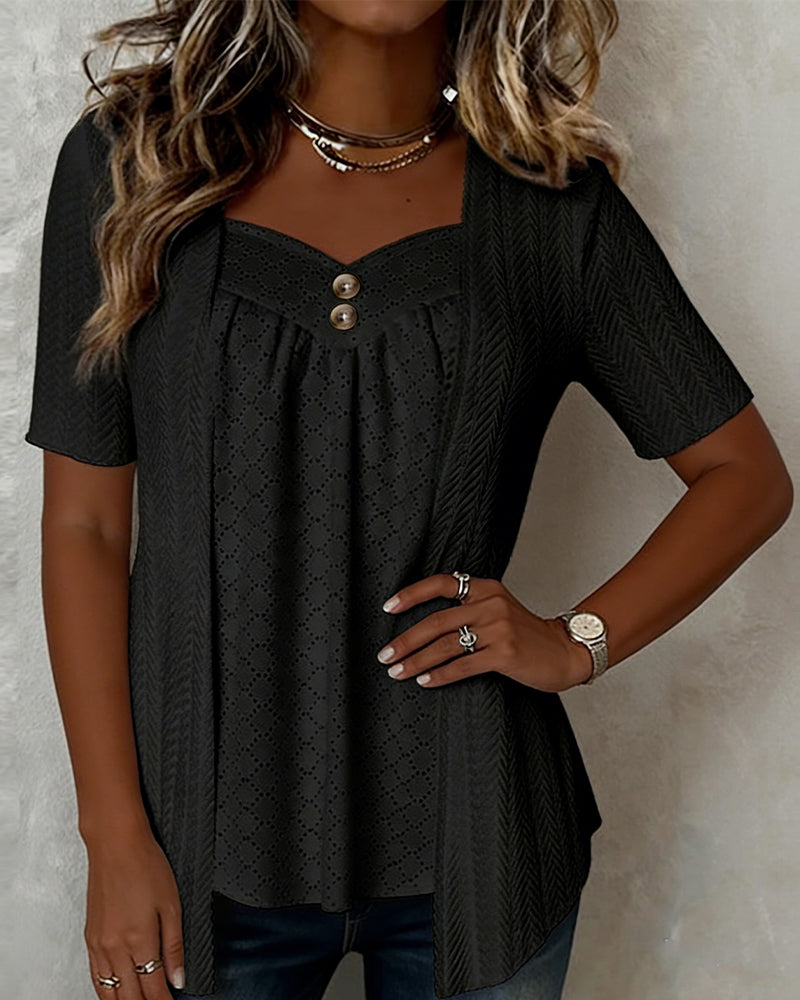 Shilina | Patchwork Square Neck Short Sleeve Blouse