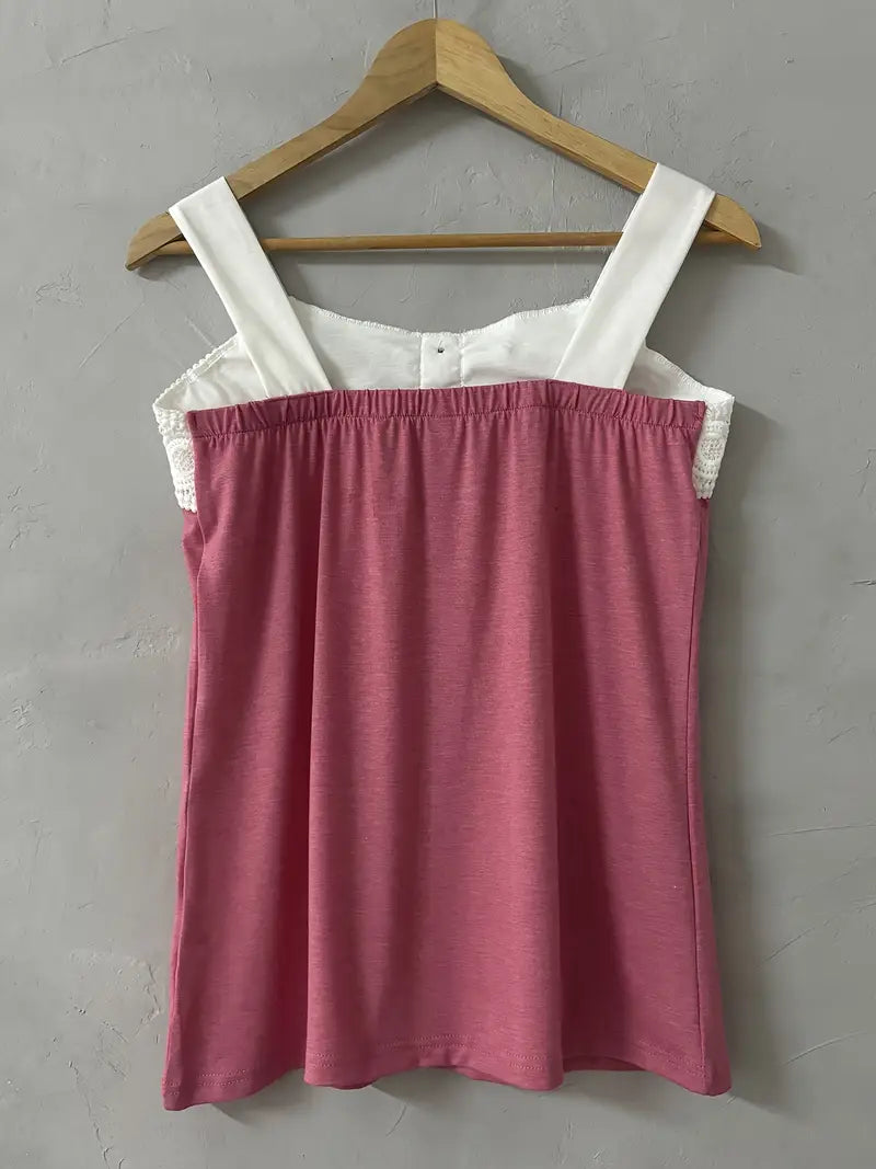 Malinda | Sleeveless Button Front Lace Trim Top